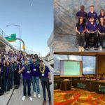 Collage of photos from Reno Competition. Left, a group of student on UW AGC posing for a photo. Top right, Construction Management Sustainability Team posing for a photo with their 2nd place awards. Bottom right, UW AGC team presenting their ideas at a table in front of a room